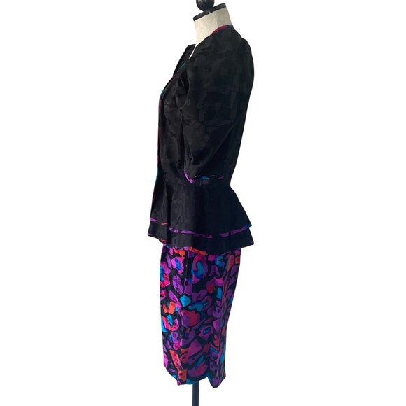 A J Bari Vintage Womens Skirt Suit Jacket Size 12 Black Balloon Sleeve Peplum - Picture 2 of 16